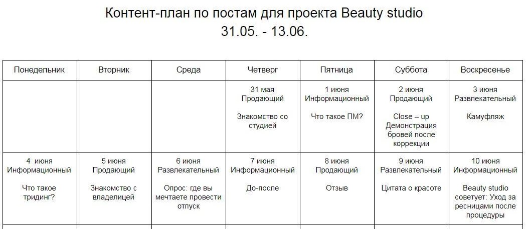 График публикаций для студии красоты